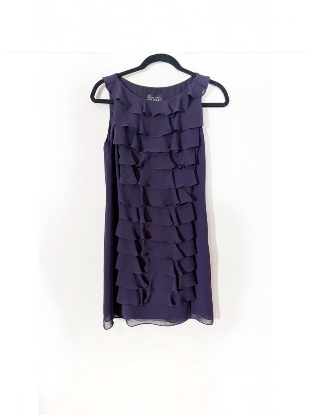 Adrianna Papell Women Purple Tiered Ruffle Chiffon Sleeveless Shift Dress Size 6